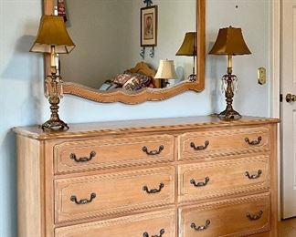 Item 31:  Ethan Allen Blonde 6 Drawer Dresser with Matching Mirror:  $425                                                                                                      Dresser - 59.5"l x 19.5"w x 33"h                                                               Mirror - 43" x 40.5"