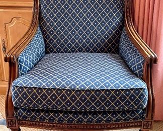 Item 32:  Beautifully Upholstered Ethan Allen Armchair with Carved Wood Accents - 28"l x 21.5"w x 38.5"h:  $425