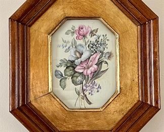 Item 88:  Framed floral print in wood frame - 7.75" x 9": $28