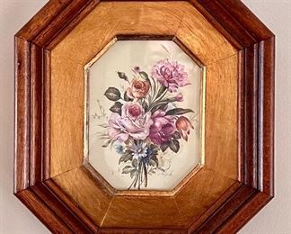 Item 89:  Framed floral print in wood frame - 7.75" x 9": $28