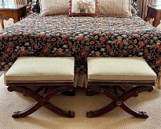 Item 26:  Ethan Allen Wood X-Base Stools with Upholstered Seats - 24"l x18"w x 18.5"h:  $445