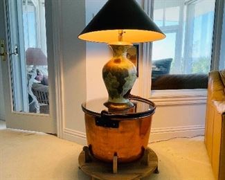 8_____ $395 
Copper cauldron on wood base 21 1/2"H x 22"D

9_____ $75 
Lamp metal painted black shade Elephant finial 32Hx 2'W shade