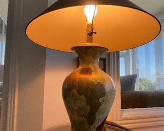 9_____ $75 
Lamp metal painted black shade Elephant finial 32Hx 2'W shade