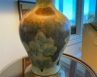 9_____ $75 
Lamp metal painted black shade Elephant finial 32Hx 2'W shade