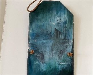 11_____ $75 
Charcoal on slate with rope 2x12 blue abstract with riverhouse