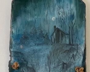 11_____ $75 
Charcoal on slate with rope 2x12 blue abstract with riverhouse