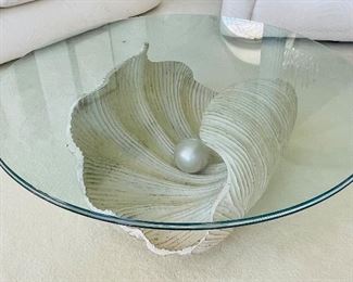 16_____ $250 
Oyster shell Coffee Table 14.2H x 38D composite base - bevel glass