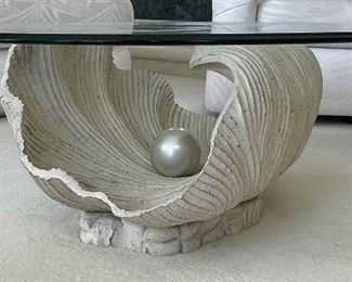 16_____ $250 
Oyster shell Coffee Table 14.2H x 38D composite base - bevel glass