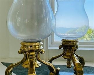 27_____ $100 
Set of two hurricane candleholder brass and glass 19T x 8W