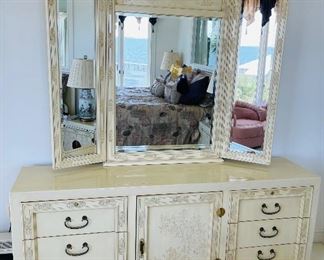 19_____ $395 
Bernardt dresser Antique
  white Asian style 74x30x18 with triptych mirror 53x60
