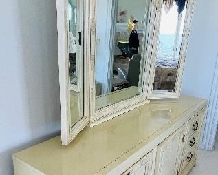 19_____ $395 
Bernardt dresser Antique
  white Asian style 74x30x18 with triptych mirror 53x60