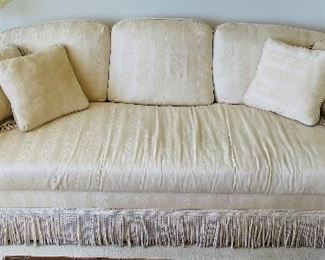 29_____ $150 
Antique white  Sofa as is Damask fringes Fine Designs Sofa  Gallery 8x39x32