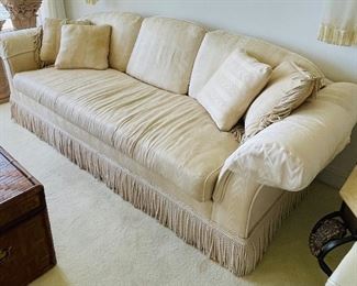 29_____ $150 
Antique white&nbsp; Sofa as is Damask fringes Fine Designs Sofa  Gallery 8x39x32