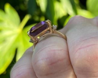 J- $450 Ametrine & Diamond gold ring. 14kt yellow gold band with large Ametrine stone, 6 small round diamonds. Finger size : 6