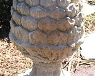 Pineapple/artichoke large concrete piece.  15D x 28H. $60.00  This piece is at a different location than sale.  Please call Jan Hoff to view this sculpture.  