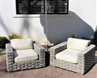 Pair of Restoration Hardware Rope Club Chairs 40W x 39D x 28H.  $400.00                The outdoor rug is $50.   The umbrella is $60.00.  Please call Jan to schedule a private viewing of these items 314-960-5700.