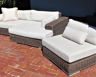 Restoration Hardware Majorca seating set.  Three pieces, plus cushions.  Some cushion damage (pictured).           40W x 40D x 28H  52W x 40D x 28 & 52W x 56Dx28H       $1,500.00  Call Jan Hoff 314-960-5700 to view.