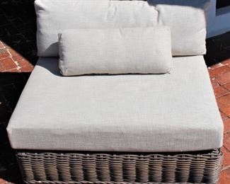 Chaise 52W x 56D x 28H Restoration Hardware Majorca armless chair and cushions.  Set.  Call Jan Hoff to view.