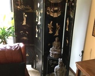 Asian Style Ebonized Wood 4 Panel Screen Divider 72" Tall.  1 of 2 screens although both are different.