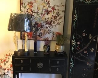 Unique Black Asian Accent Console Table w/Drawers, Middle Compartment and Brass Hardware