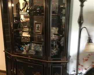 Black  Chinoiserie  Oriental Lighted Cabinet by Drexel   55"  Wide