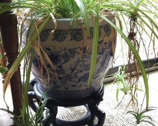 Large Blue White Asian Pattern Planter/Jardiniere on Wood Stand