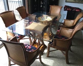 72 x 42 Tommy Bahama Look  Beveled Glass Dining Table w/ 6 Bamboo Look Rattan Chairs.  Table Base are Two Rattan Pedestals....beautiful set!!!!!