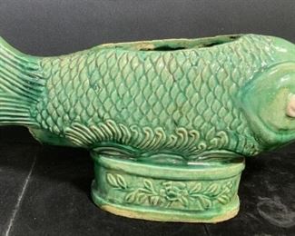 Vintage Green Glazed Ceramic Fish Sculpture Vessel
