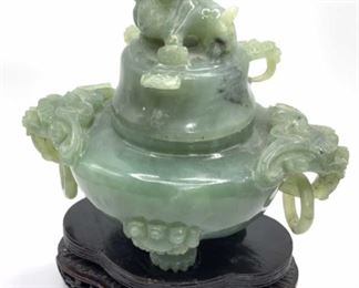 Vntg Natural Green Stone Asian Fu Dog Inkwell, Lid
