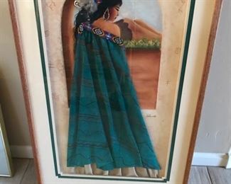 This is a very unique Picture!! It is layered. The background is handpainted, she is wearing a  leather cape, with beading and feathers in her hair. So creative and beautiful!