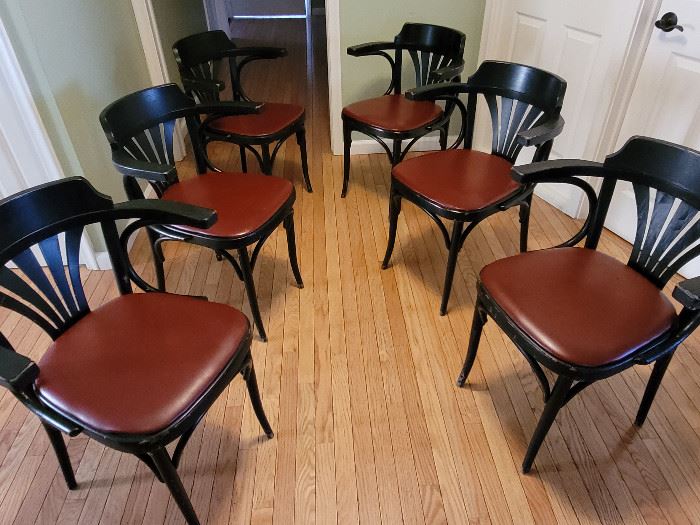 6 wooden kitchen table chairs w/arms (condition fair)