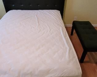 Queen headboard w/matching bench; Full sized mattress, box spring and frame.
