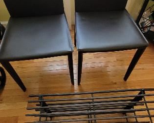 2 brown Ikea accent chairs; Wooden shoe rack