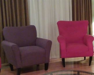 2 dark red high back upholstered chairs; 1 small plum upholstered chair