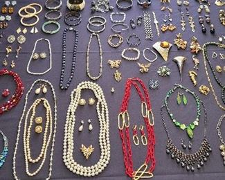Vintage costume jewelry; Ivory bracelets; Chanel bejeweled link belt; Sterling silver bracelets; Beaded necklaces; broaches & pins; Holiday Sparkle sets, pins & earrings