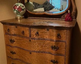 Beautiful Tall Tiger Oak Dresser with Mirror, Vintage Lamp