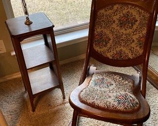 Lovely Two-Cushion Embroidered Rocking Chair with MCM Tall Petite Wood Side Table