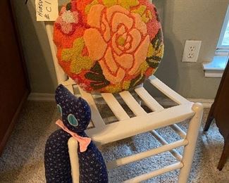 Rustic Wood Slat Antique White Chair, Vintage Embroidered Pillow