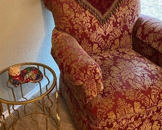 Lovely Red and Gold Upholstered Chair, MCM Style Gold and Glass Modern Side Table