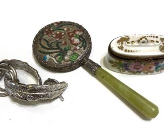 Trinket box; tiny inlaid vanity mirror, silver bracelet 