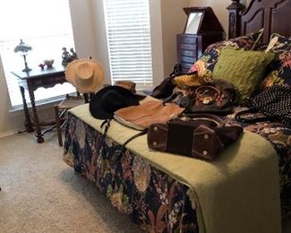 Designer handbags and purses; Antique wooden bed; Twist leg writing desk