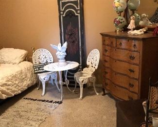 White metal outdoor table set with chairs; Tall Wood Door Decor; Tiger Oak Antique Tall Chest of Drawers