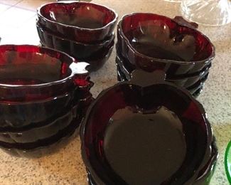 Vintage Royal Ruby Red Glass Leaf Dish Set, Anchor Hocking
