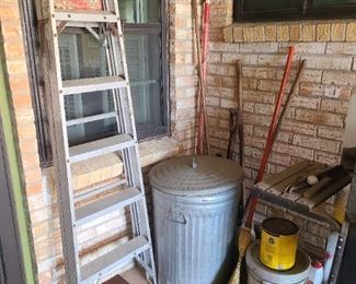 Ladder, rake, brooms, etc