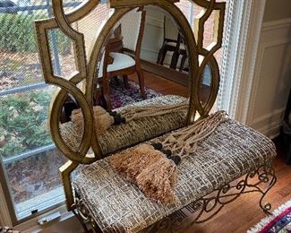 Beautiful mirror can be hung vertical or horizontal from Gormans furniture. Silk upholstered iron bench.