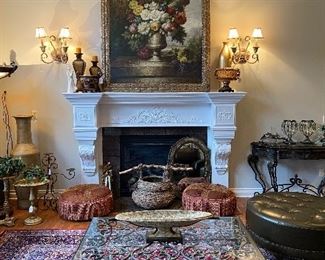 Beautiful extra large oil on canvas framed painting 8 feet tall. Designer iron and glass coffee table. 