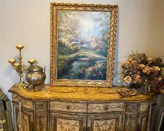 Beautiful hand painted buffet seven seas by hooker furniture. Beautiful framed art signed by artist oil on canvas. 