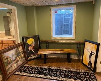 Live edge tables. Framed movie posters. Hand made rug runner. Framed fine art. 