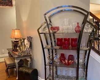 Fabulous mid century modern contemporary brass and glass display shelf with lots of home goods accessories