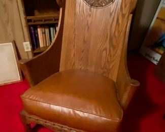 Vintage High Back Wood and Leather Chair